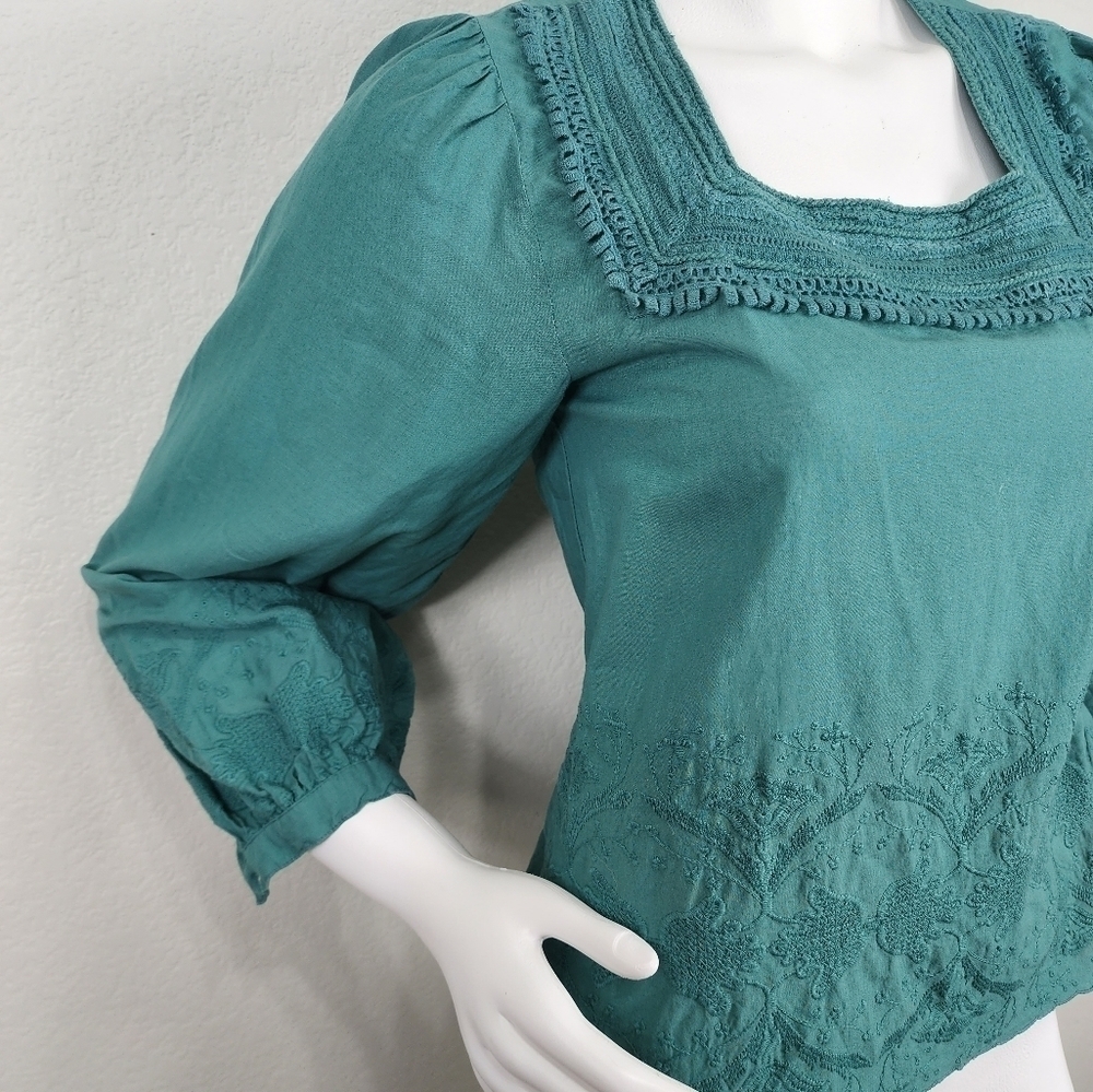 Zara Basic Green Square Neck Boho Embroidered 3/4… - image 6